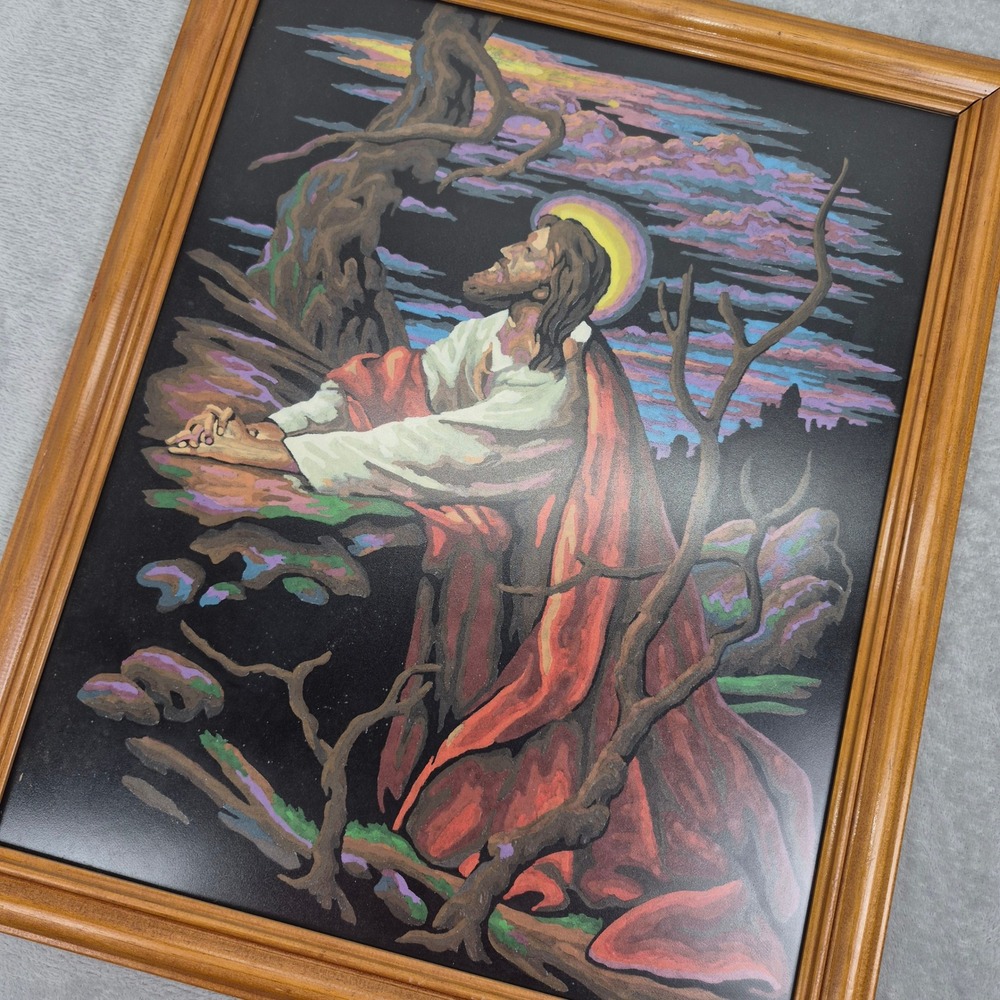 Vintage Jesus Christ Garden of Gethsemane Black Paint by Numbers Framed Art PBN